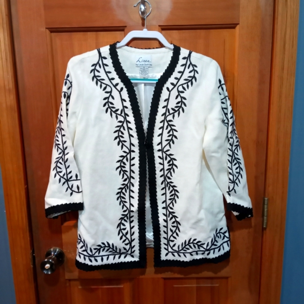 Linea by Louis Dell'Olio 100% linen off white black embroidered blazer size M